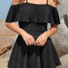 Black off-shoulder swimsuit with flared skirt