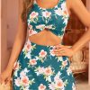 Blue-green floral cutout one-piece swimsuit